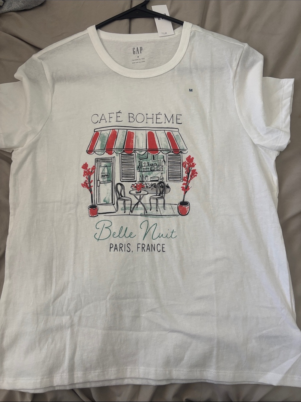 GAP White Short-Sleeve 'Café Bohème' Graphic Tee with Red & Teal Print